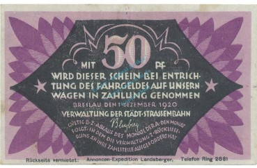 Breslau , Notgeld 50 Pfennig Schein gbr. Ti.0915.120.14 , SLN 1920 Verkehrsausgabe -4217-