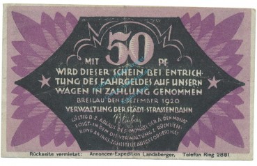 Breslau , Notgeld 50 Pfennig Schein gbr. Ti.0915.120.15 , SLN 1920 Verkehrsausgabe -4219-