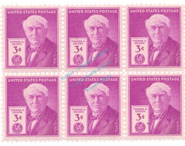 Briefmarken USA 6er Block -Thomas A. Edison 1947- S.945 , 6x3 Cent -0504-