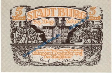 Burg , Notgeld 5 Mark Schein in kfr. Geiger 073.01 von 1918 , Sachsen Anhalt Grossnotgeld
