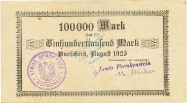 Burscheid , Banknote 100.000 Mark Schein gbr. Keller 696.j , Rheinland 1923 Inflation