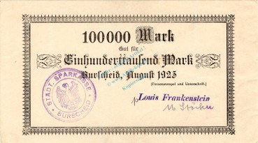 Burscheid , Banknote 100.000 Mark Schein L-gbr. Keller 696.j , Rheinland 1923 Grossnotgeld