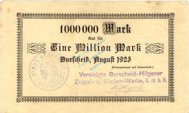 Burscheid , Banknote 1 Million Mark Schein L-gbr. Keller 696.u , Rheinland 1923 Grossnotgeld