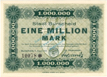 Burscheid , Banknote 1 Million Mark Schein unc-kfr. Keller 695 , Rheinland 1923 Inflation