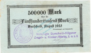 Burscheid , Banknote 500.000 Mark Schein gbr. Keller 696.u , Rheinland 1923 Inflation