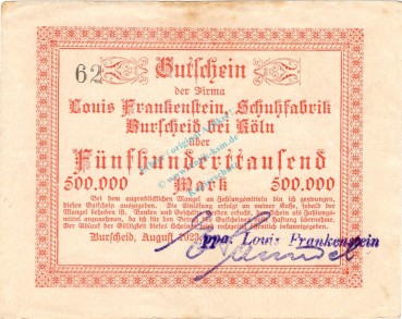 Burscheid , Banknote 500.000 Mark Schein gbr. Keller 697.b , Rheinland 1923 Inflation