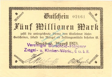 Burscheid , Banknote 5 Millionen Mark Schein unc-kfr. Keller 698 , Rheinland 1923 Inflation