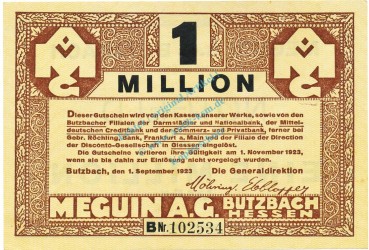 Butzbach , Banknote 1 Million Mark Schein unc-kfr. Keller 702.b , Hessen 1923 Inflation