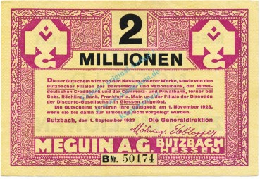 Butzbach , Banknote 2 Millionen Mark Schein unc-kfr. Keller 702.b , Hessen 1923 Inflation