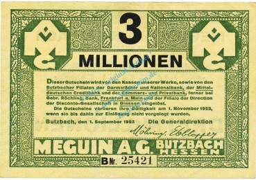 Butzbach , Banknote 3 Millionen Mark Schein L-gbr. Keller 702.b , Hessen 1923 Inflation