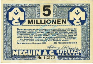 Butzbach , Banknote 5 Millionen Mark Schein L-gbr. Keller 702.a , Hessen 1923 Inflation
