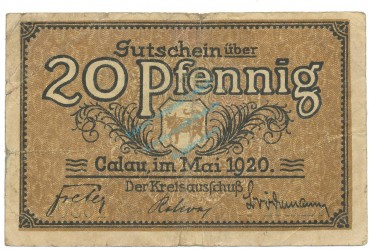 Calau , Notgeld 20 Pfennig Schein gbr. Tieste 1060.05.17 , BBG 1920 Verkehrsausgabe -4151-