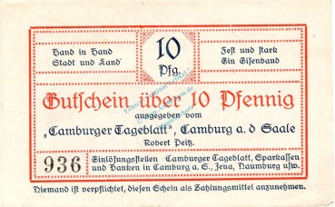 Camburg , Notgeld 10 Pfennig Schein in unc-kfr. Ti.1080.05.01 , Thüringen o.D. Verkehrsausgabe