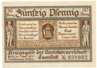 Cannstatt , Notgeld 50 Pfennig Schein unc-kfr. Tieste 1085.05.05  , WÜR 1918 Verkehrsausgabe -4110-