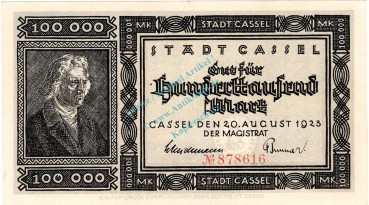 Cassel , Banknote 100.000 Mark Schein unc-kfr. Keller 718 , Hessen 1923 InflationCassel , Banknote 100.000 Mark Schein unc-kfr. Keller 718 , Hessen 1923 Inflation