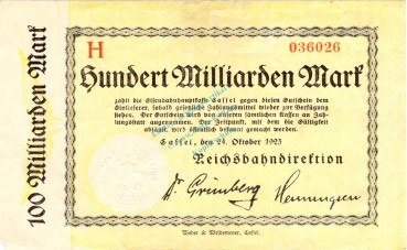 Cassel , Banknote 100 Milliarden Mark Schein gbr. Keller 731.k , Hessen 1923 Inflation