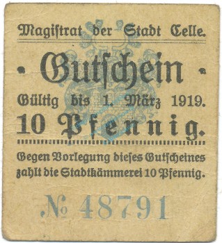 Celle , Notgeld 10 Pfennig Schein gbr. Tieste 1115.20.01  , NDS o.D. Verkehrsausgabe -4114-