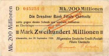 Chemnitz , Banknote 200 Millionen Mark Scheck gbr. Bühn 573.46 , Sachsen 1923 Inflation