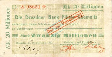 Chemnitz , Banknote 20 Millionen Mark Scheck gbr. Bühn 580.95 , Sachsen 1923 InflationChemnitz , Banknote 20 Millionen Mark Scheck gbr. Bühn 580.95 , Sachsen 1923 Inflation