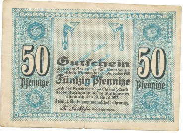 Chemnitz , Notgeld 50 Pfennig Schein gbr. Tieste 1135.05.02 , S 1917 Verkehrsausgabe -4146-