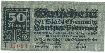 Chemnitz , Notgeld 50 Pfennig Schein unc-kfr. Tieste 1135.50.05 , S 1918 Verkehrsausgabe -4118-