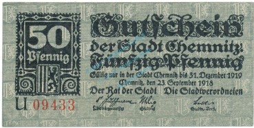 Chemnitz , Notgeld 50 Pfennig Schein unc-kfr. Tieste 1135.50.10 , S 1918 Verkehrsausgabe -4119-