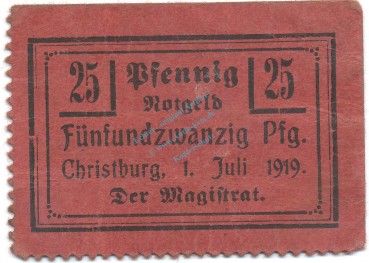Christburg , Notgeld 25 Pfennig Schein gbr. Tieste 1145.10.37 , DWP 1919 Verkehrsausgabe -4122-