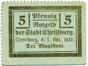 Christburg , Notgeld 5 Pfennig Schein unc-kfr. Tieste 1145.10.40 , DWP 1920 Verkehrsausgabe -4121-