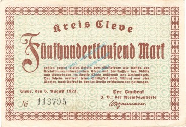 Cleve , Banknote 500.000 Mark Schein L-gbr. Keller 861.b , Rheinland 1923 Inflation