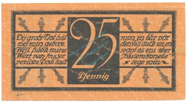 Cleve , Notgeld 25 Pfennig Schein unc-kfr. Tieste 1155.20.03 , RHL 1920 Verkehrsausgabe -4060-