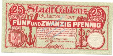Coblenz , Notgeld 25 Pfennig Schein unc-kfr. Tieste 1165.60.26 , RHL 1920 Verkehrsausgabe -4066-