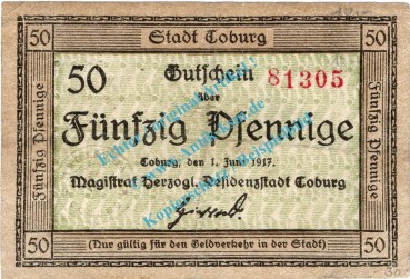 Coburg , Notgeld 50 Pfennig Schein in gbr. Tieste 1170.05.05 , Bayern 1917 Verkehrsausgabe