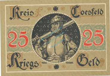 Preview: Coesfeld , Notgeld 25 Pfennig -MUSTER- Schein unc-kfr. Tieste 1185.05.01.M , NRW o.D. Verkehrsausgabe -4103-