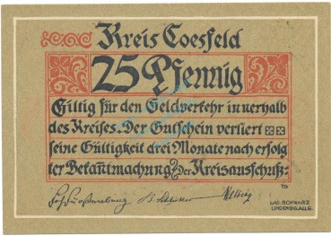 Coesfeld , Notgeld 25 Pfennig -MUSTER- Schein unc-kfr. Tieste 1185.05.01.M , NRW o.D. Verkehrsausgabe -4103-