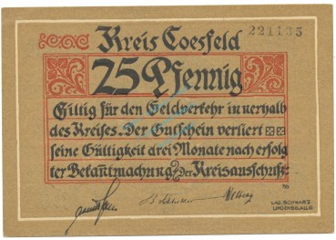 Coesfeld , Notgeld 25 Pfennig Schein unc-kfr. Tieste 1185.05.10 , NRW o.D. Verkehrsausgabe -4105-