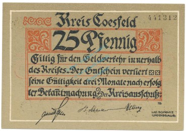 Coesfeld , Notgeld 25 Pfennig Schein unc-kfr. Tieste 1185.05.15 , NRW o.D. Verkehrsausgabe -4104-