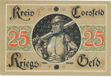 Preview: Coesfeld , Notgeld 25 Pfennig Schein unc-kfr. Tieste 1185.05.15 , NRW o.D. Verkehrsausgabe -4104-
