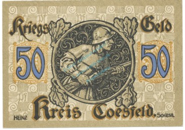 Preview: Coesfeld , Notgeld 50 Pfennig -MUSTER- Schein unc-kfr. Tieste 1185.05.02.M , NRW o.D. Verkehrsausgabe -4102-