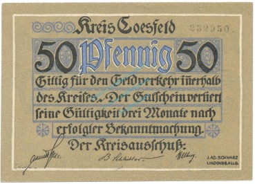 Coesfeld , Notgeld 50 Pfennig Schein unc-kfr. Tieste 1185.05.16 , NRW o.D. Verkehrsausgabe -4106-