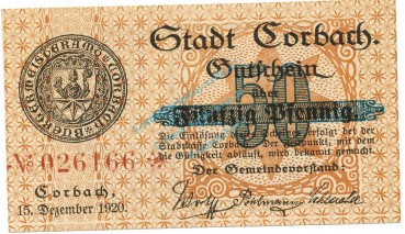Corbach , Notgeld 50 Pfennig Schein unc-kfr. Tieste 1200.05.11 , WAL 1920 Verkehrsausgabe -4125-