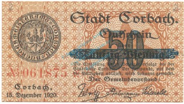 Corbach , Notgeld 50 Pfennig Schein unc-kfr. Tieste 1200.05.21 , WAL 1920 Verkehrsausgabe -4124-