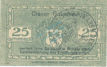 Preview: Cosel , Notgeld 25 Pfennig Schein unc-kfr. Tieste 1205.05.01  , OSL 1920 Verkehrsausgabe -4108-