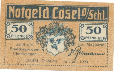 Cosel , Notgeld 50 Pfennig Schein unc-kfr. Tieste 1205.05.02  , OSL 1920 Verkehrsausgabe -4109-