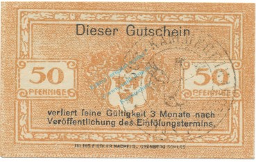 Preview: Cosel , Notgeld 50 Pfennig Schein unc-kfr. Tieste 1205.05.02  , OSL 1920 Verkehrsausgabe -4109-