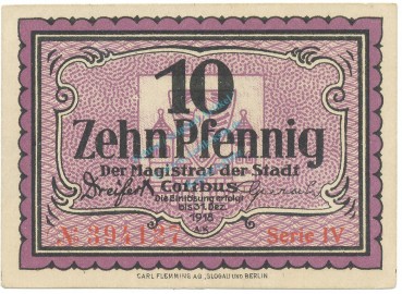 Cottbus , Notgeld 10 Pfennig Schein unc-kfr. Tieste 1210.25.16 , BBG o.D. Verkehrsausgabe -4132-