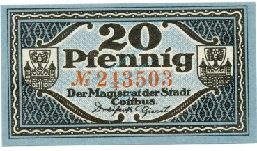 Cottbus , Notgeld 20 Pfennig Schein unc-kfr. Tieste 1210.25.21 , BBG o.D. Verkehrsausgabe -4130-