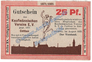 Cottbus , Notgeld 25 Pfennig Schein -D- in kfr. M-G 243.1 Brandenburg 1921 Seriennotgeld