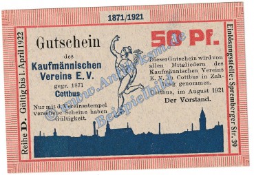 Cottbus , Notgeld 50 Pfennig Schein -D- in kfr. M-G 243.1 Brandenburg 1921 Seriennotgeld