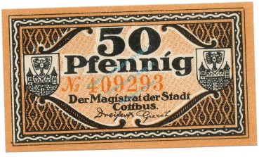 Cottbus , Notgeld 50 Pfennig Schein unc-kfr. Tieste 1210.25.28 , BBG o.D. Verkehrsausgabe -4133-