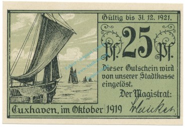 Cuxhaven , Notgeld 25 Pfennig Schein unc-kfr. Tieste 1255.15.05 NDS 1919 Verkehrsausgabe -4075-